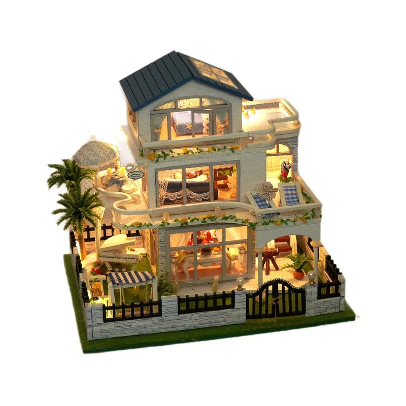 Diy Mini Wooden Dollhouse  Furniture Light Kit Doll House Casa