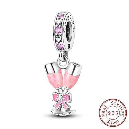 Fit Original 925 Sterling Silver Charms Beads Bow Perfume Bottle Pink