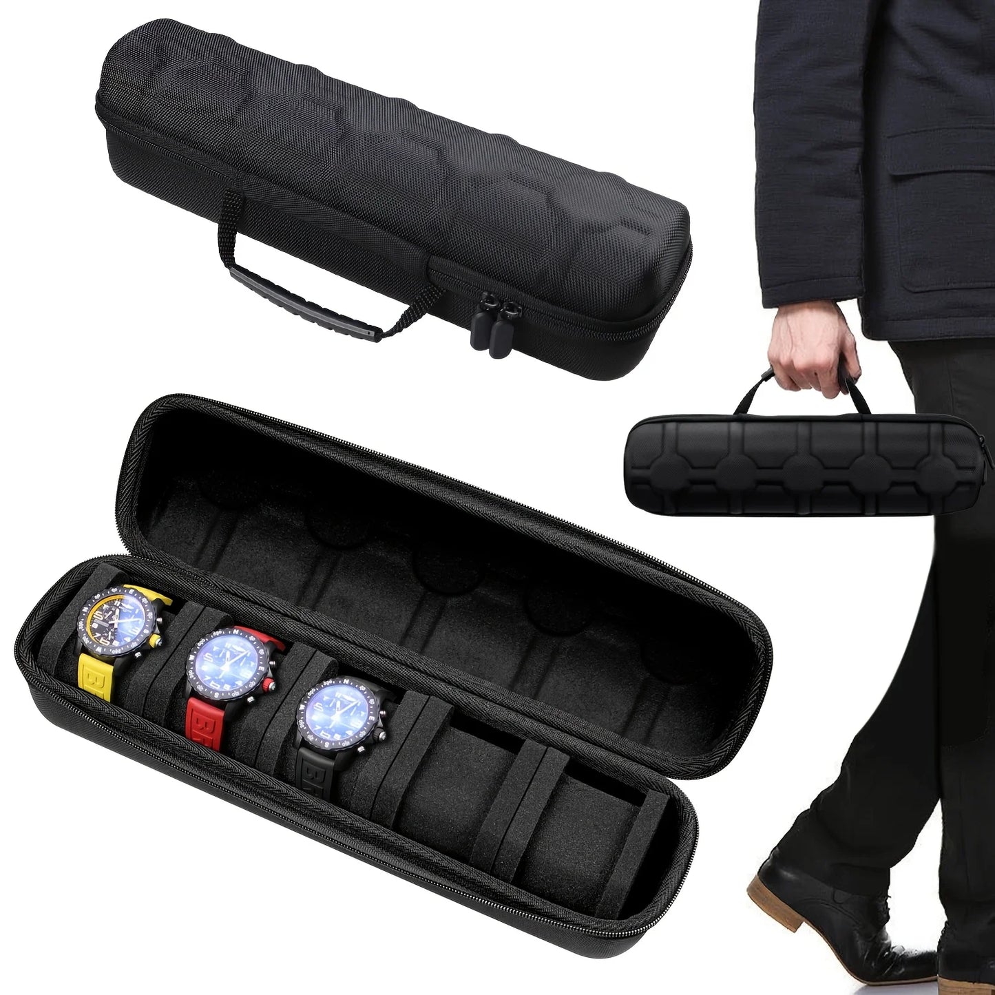 5-Grid Hard Shell Watch Organizer - Portable Travel Case with Pillow