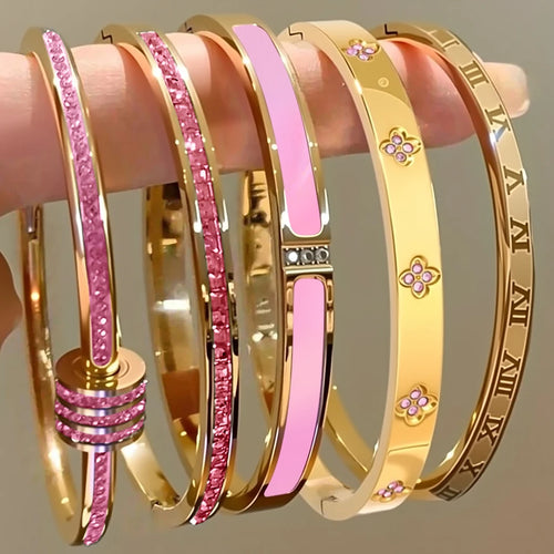 ZAKOL 5/1pcs Sparkling Zirconia Inlaid Stainless Steel Bracelet Set