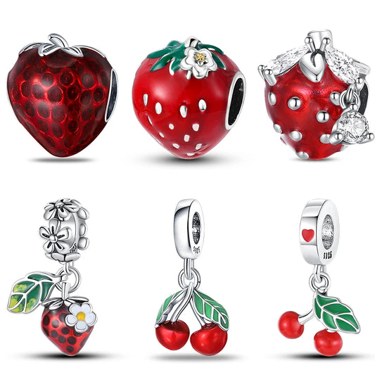 New 925 Silver Color Strawberry Cherry Fruit Series Charms Beads Fit