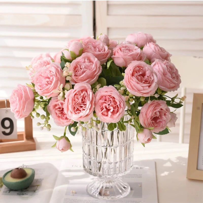 30cm Rose Pink Silk Bouquet Peony Artificial Flower 5 Big Head 4 Small