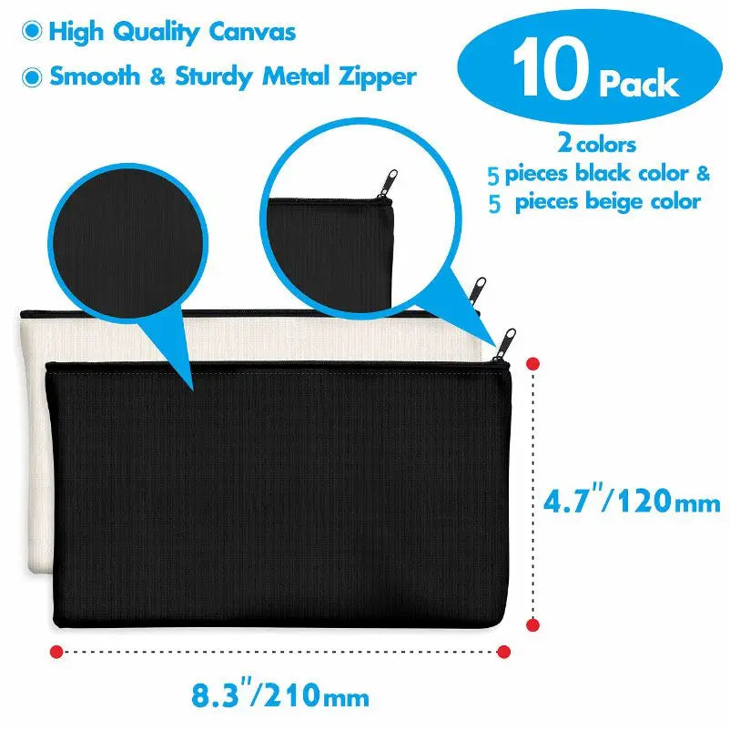 10pcs Blank Beige Diy Craft Bag Canvas Pencil Case Makeup Bags Zipper