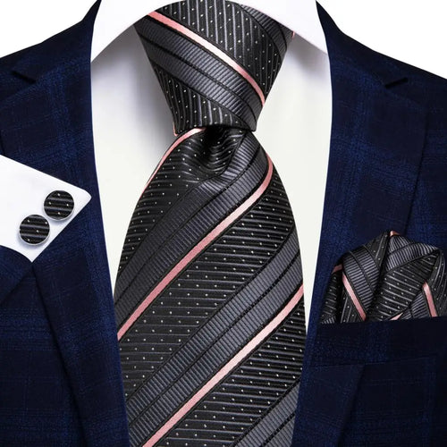 Black Red Striped Silk Wedding Tie For Men Handky Cufflink Gift Men