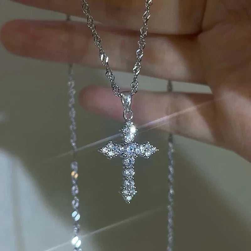 Shiny Crystal Zircon Cross Pendant Necklace for Women Girls Punk