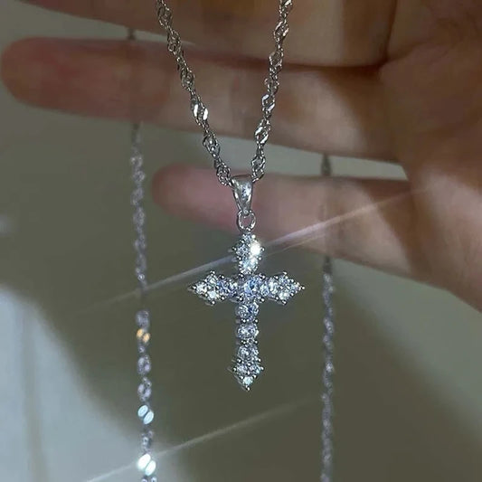 Shiny Crystal Zircon Cross Pendant Necklace for Women Girls Punk