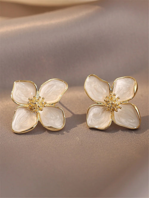 Hibiscus Dropped Glaze Flower Stud Earrings for Women Girl French Ins