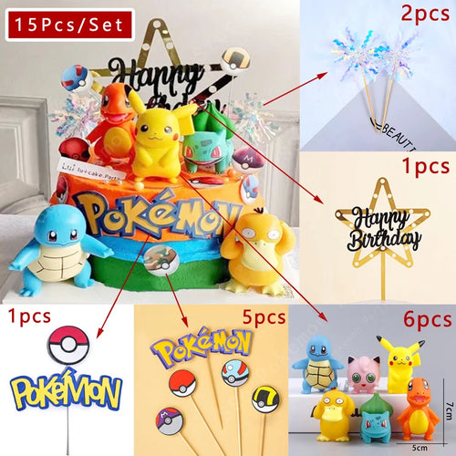 15Pcs/set Pokemon Cake Topper Pikachu Anime Figure Party Happy