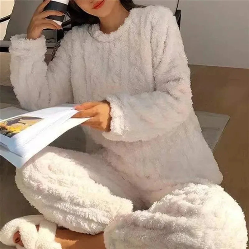 Soft Coral Velvet Jacquard Warm Pajama Set for Women Cozy Loungewear