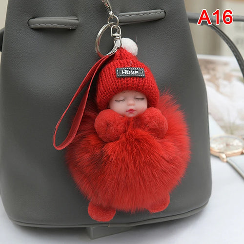 Pompom Sleeping Baby Keychain Cute Fluffy Plush Doll Keyholder Women