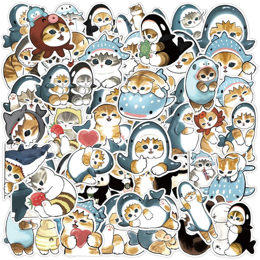 10/30/50PCS Cute Shark Hooded Fun Cat Stickers Decals Decoration