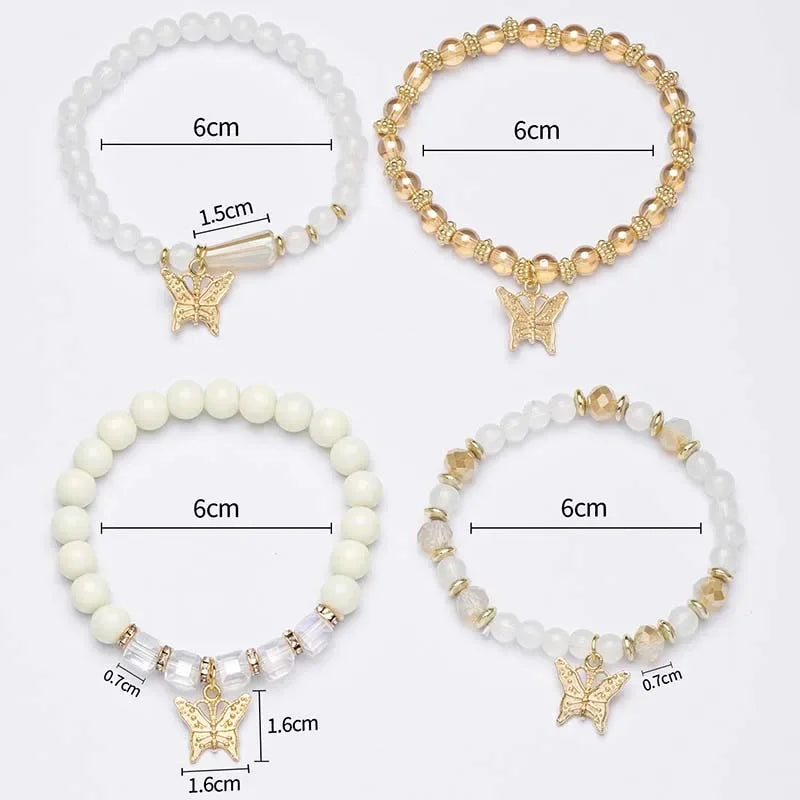 4Pcs Trendy Butterfly Beaded Bracelet Set For Women Pink Acrylic Beads