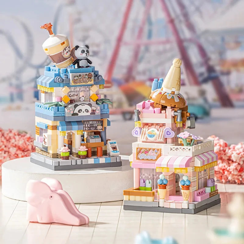 City Street View Building Block Set DIY Ice Cream Coffee Flower Shop