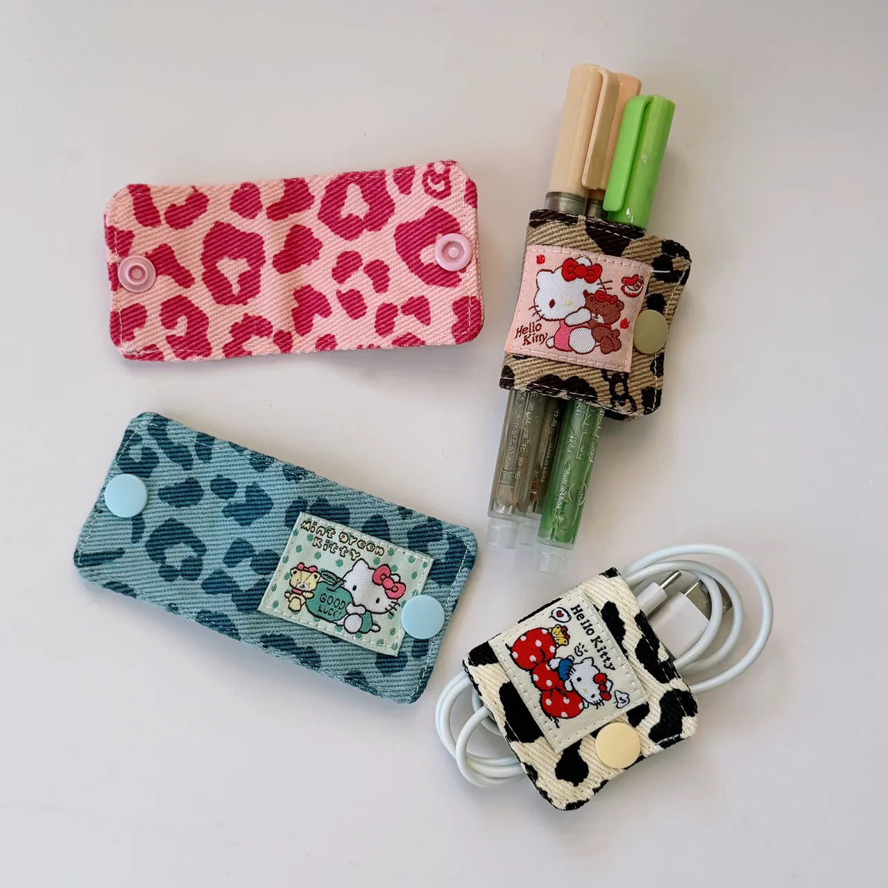 Sanrio Hello Kitty Leopard Print Denim Fabric Data Cable Storage Clip