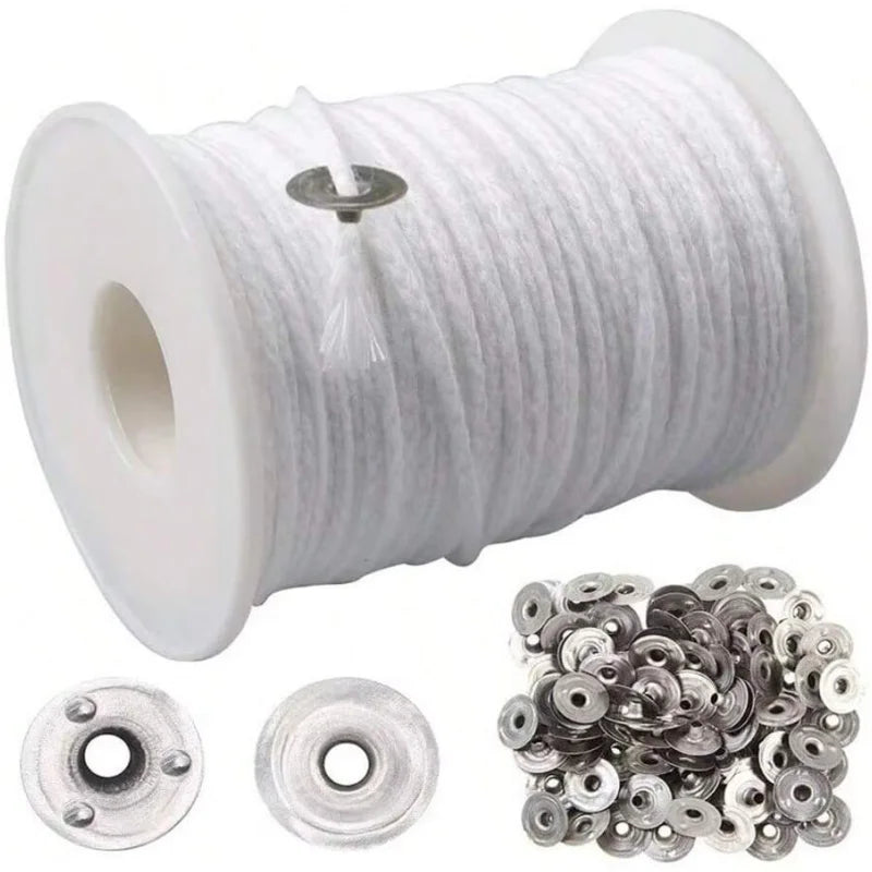 1 Roll Candle Cotton Wicks +100pcs Metal Candle Wick Sustainer Tabs