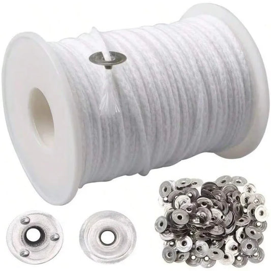 1 Roll Candle Cotton Wicks +100pcs Metal Candle Wick Sustainer Tabs