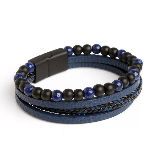 Men Leather Bracelet Classic Fashion Tiger Eye Beaded Multi Layer