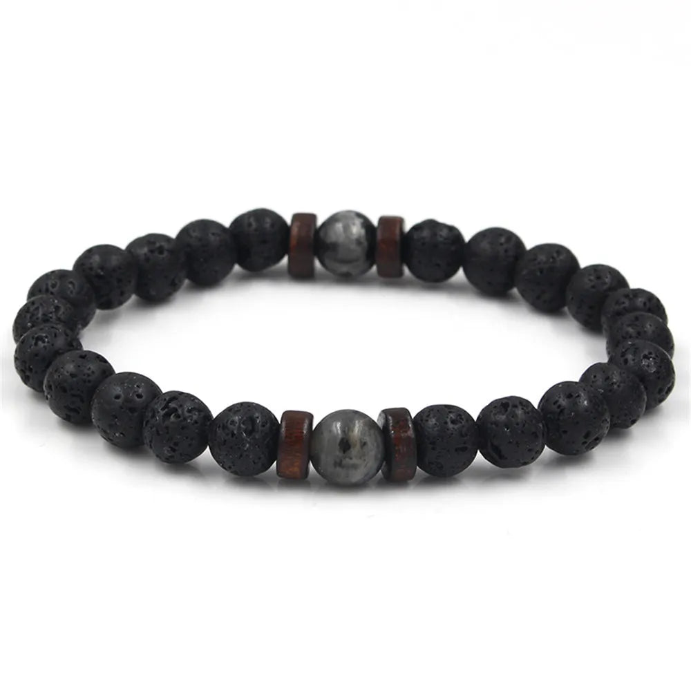 Volcanic Stone Bracelet for Men Lava Wooden  Beads Bracelet Tibetan