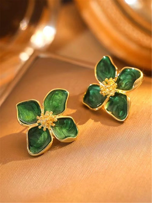 Hibiscus Dropped Glaze Flower Stud Earrings for Women Girl French Ins