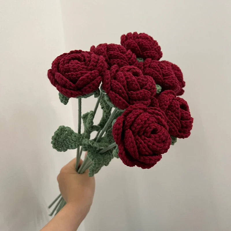 Fake Rose Flowers Hand Knitting Wool Bouquet Crochet Woven Flower