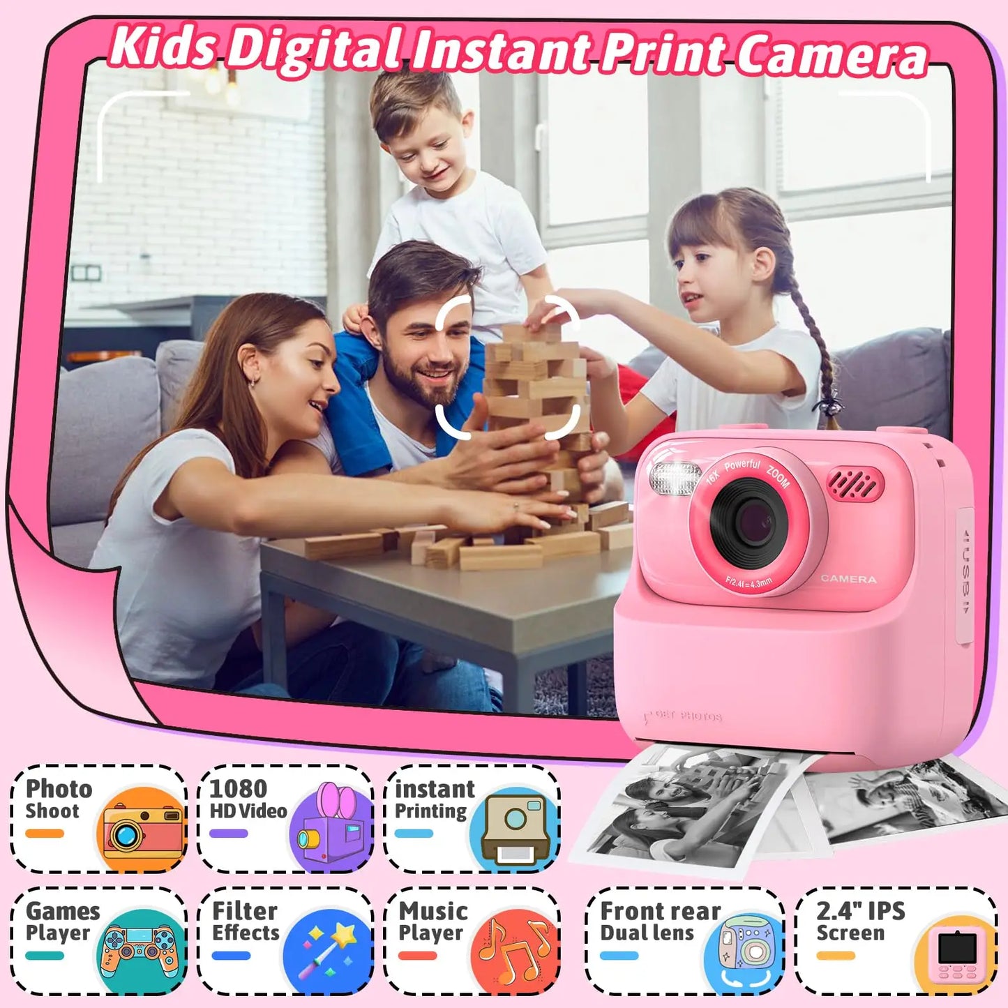 AMORUS Kids Camera Instant 1080P HD Dual Lens Selfie Digital Camera