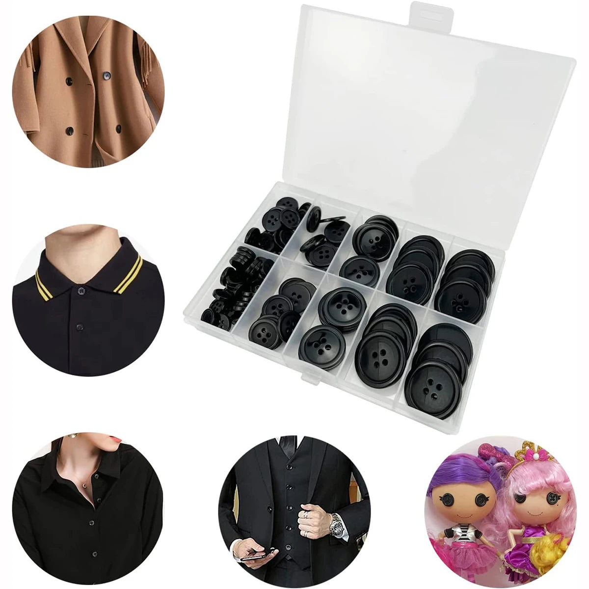 100 Pcs Black Resin Sewing Buttons, Mixed 5 Sizes of Black Buttons