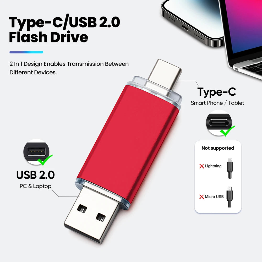 High speed TYPE C 2in1 USB flash drive 128GB 64GB 32GB metal Pen drive