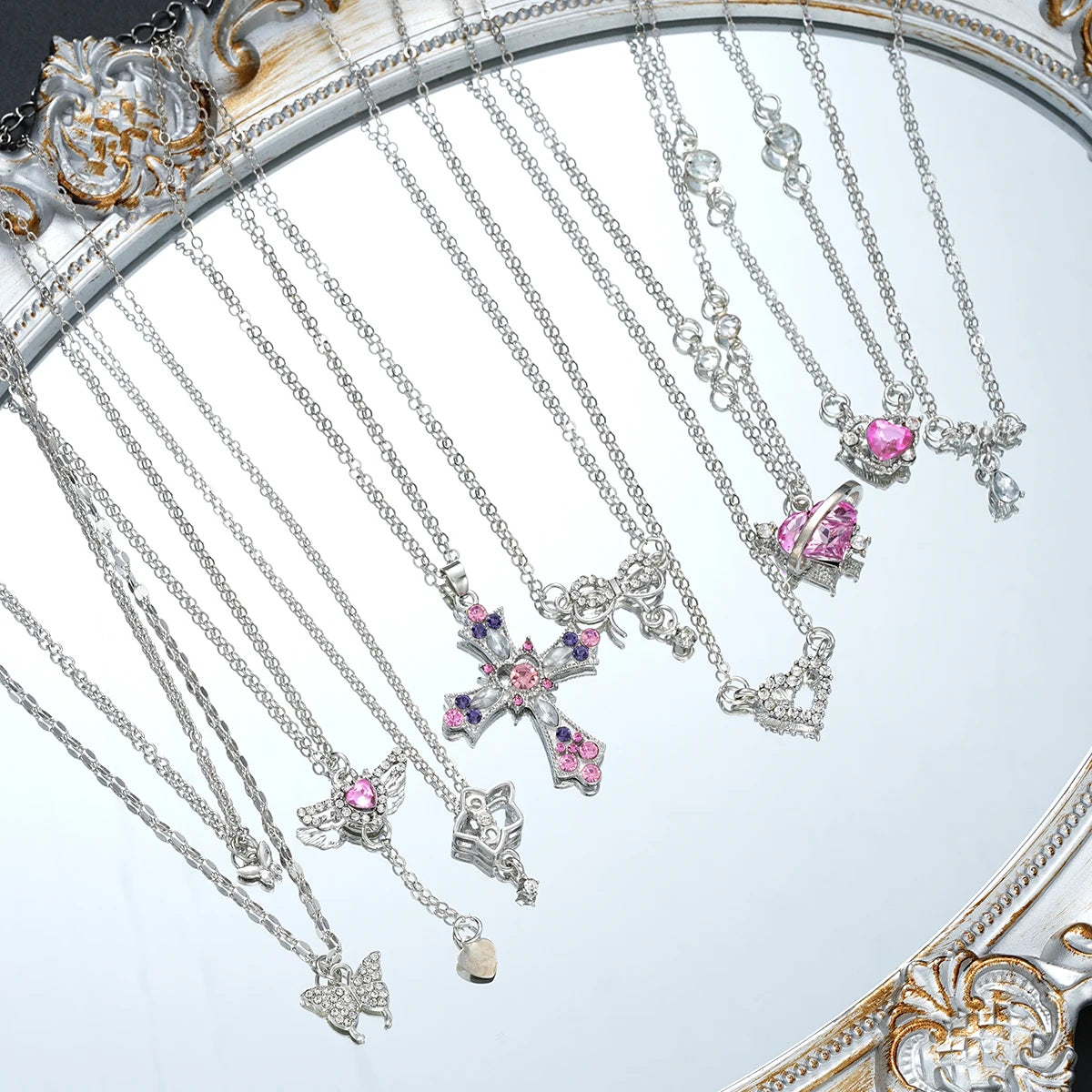 9 Pcs Women's Elegant Zircon Pendants Necklace Set Fashion Pink Color
