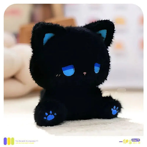 Cute Sleepy Emo Black Cat 16cm Plush Toy Soft Fluffy Cartoon Sitting
