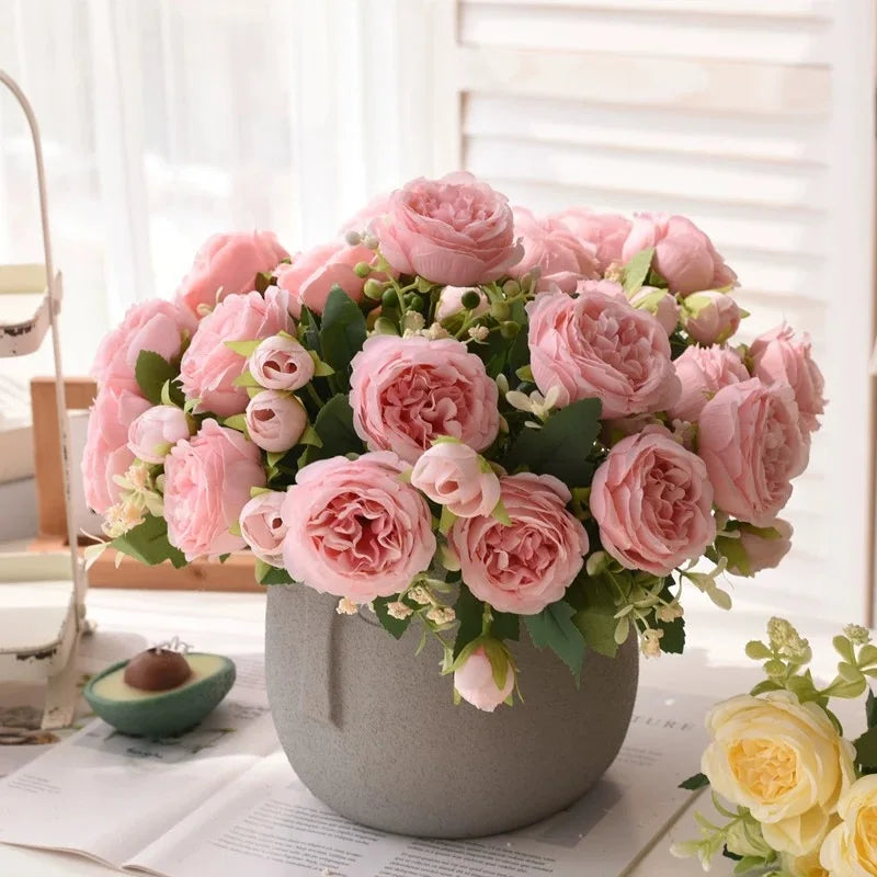 30cm Rose Pink Silk Bouquet Peony Artificial Flower 5 Big Head 4 Small