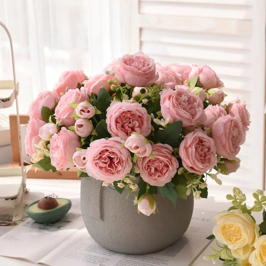 30cm Rose Pink Silk Bouquet Peony Artificial Flower 5 Big Head 4 Small