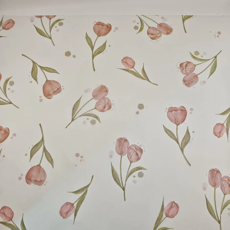 Elegant Tulip Patterned Tissue Paper Floral Design with Green Leaves