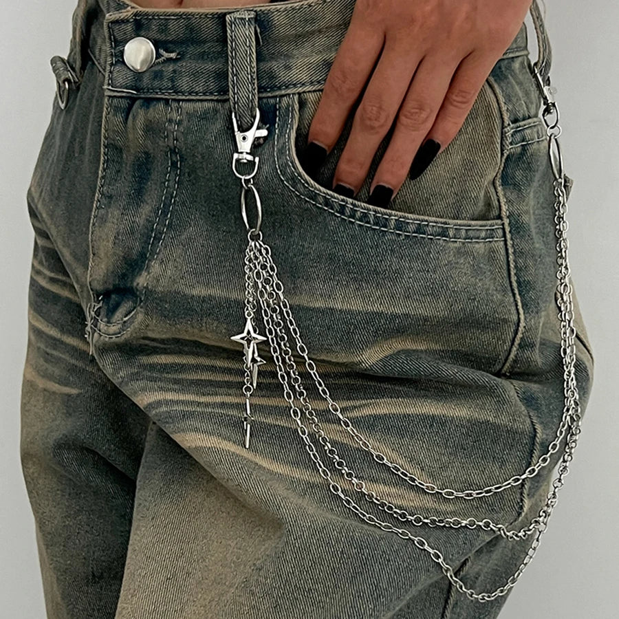 Salircon Punk Multilayer Metal Star Pendant Pant Chain Hip Hop Waist