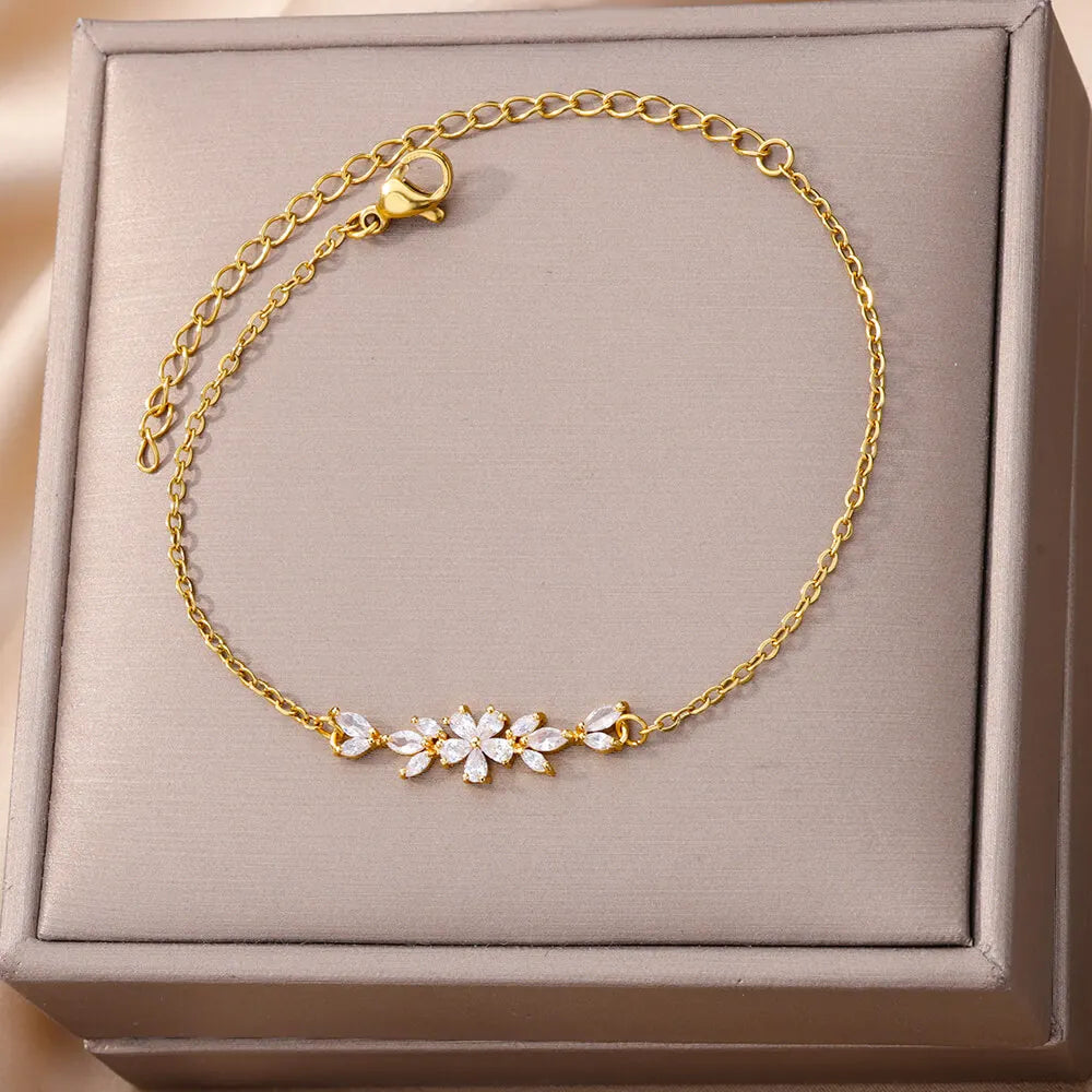 Elegant Zircon Flowers Bracelet For Women Girls Charm Gold Color