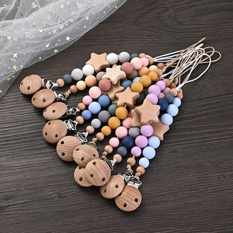 New Baby Pacifier Chain Clips Wood Pentagram Teether Silicone Round