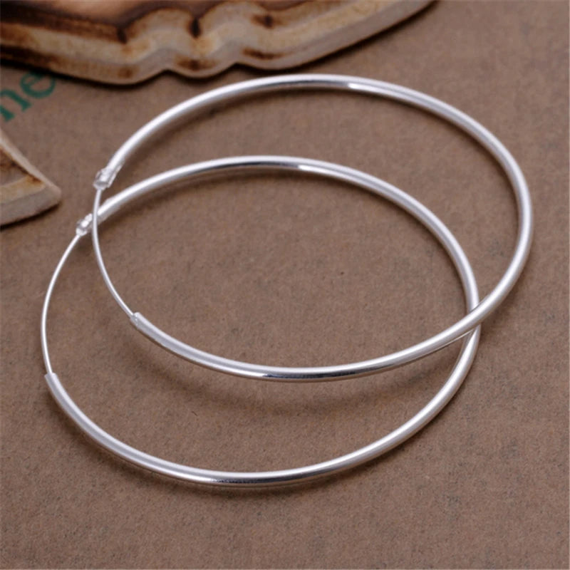 Round Circle 35/50/60mm Hoop Earrings Silver Color For Woman Wedding