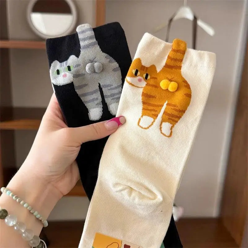 1pair Women's Korean - Inspired Mid - Tube Socks, Adorable Cat Print