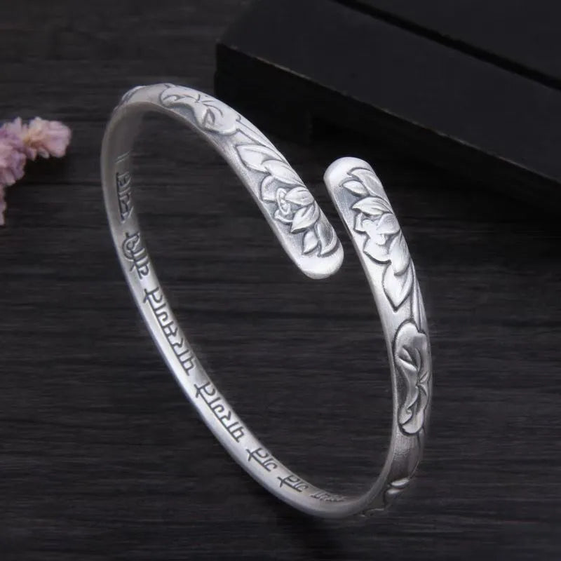 XIYANIKE Vintage Thai Silver Lotus Flower Cuff Bracelet For Women Girl