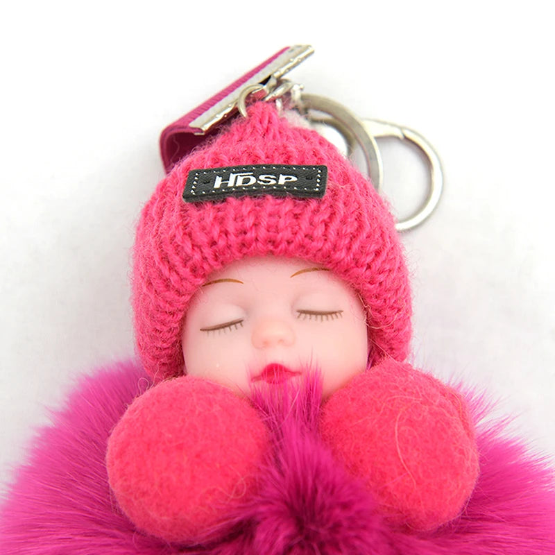 Pompom Sleeping Baby Keychain Cute Fluffy Plush Doll Keyholder Women