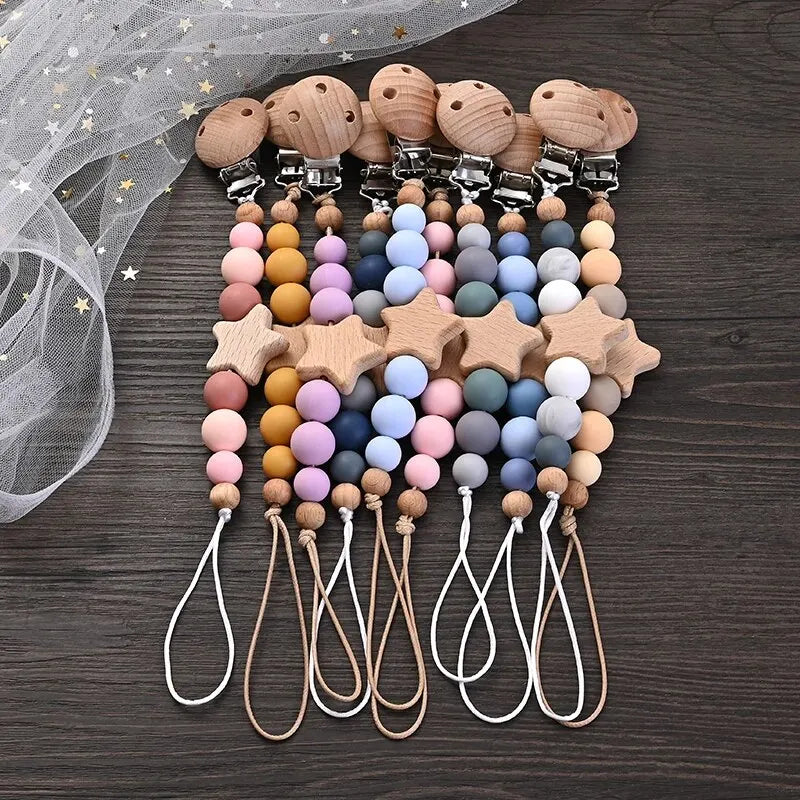 New Baby Pacifier Chain Clips Wood Pentagram Teether Silicone Round