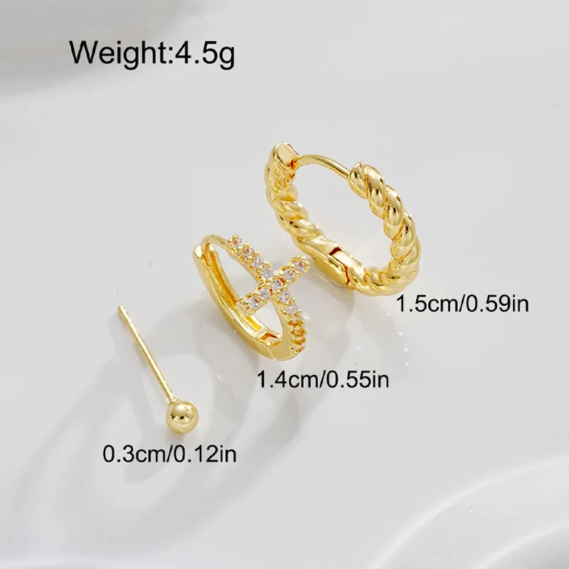 3pcs New Fashion Minimalist Copper Zircon Cross Earrings Set for Women