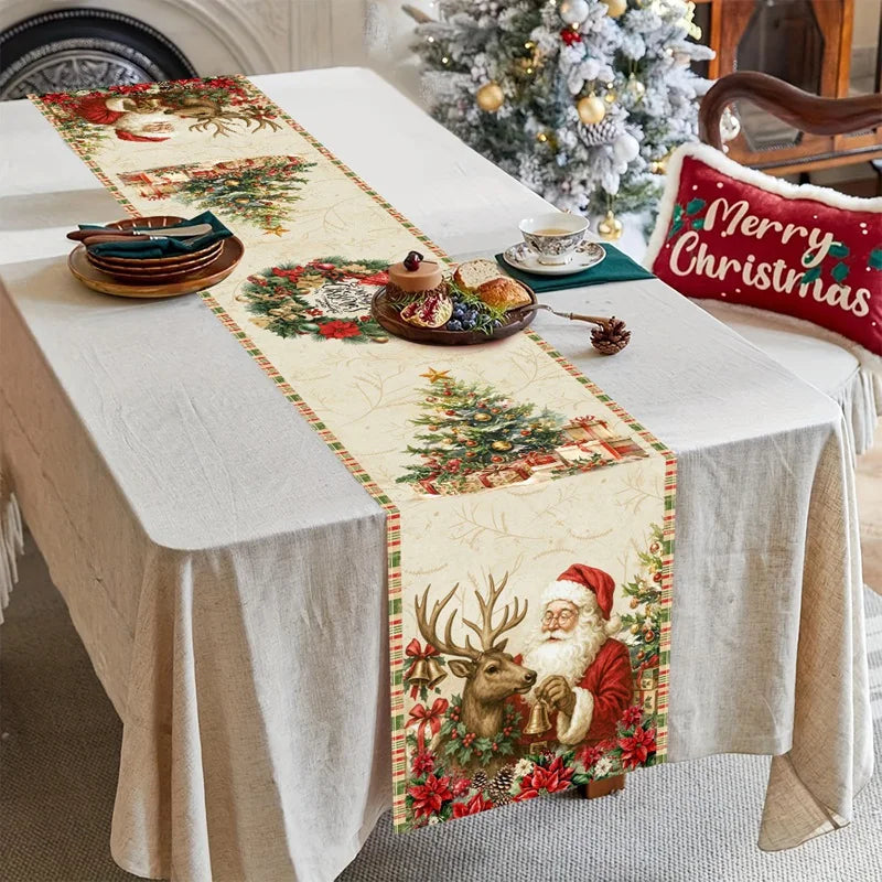 Vintage Christmas Table Runner Retro Santa Claus Table Cover Christmas