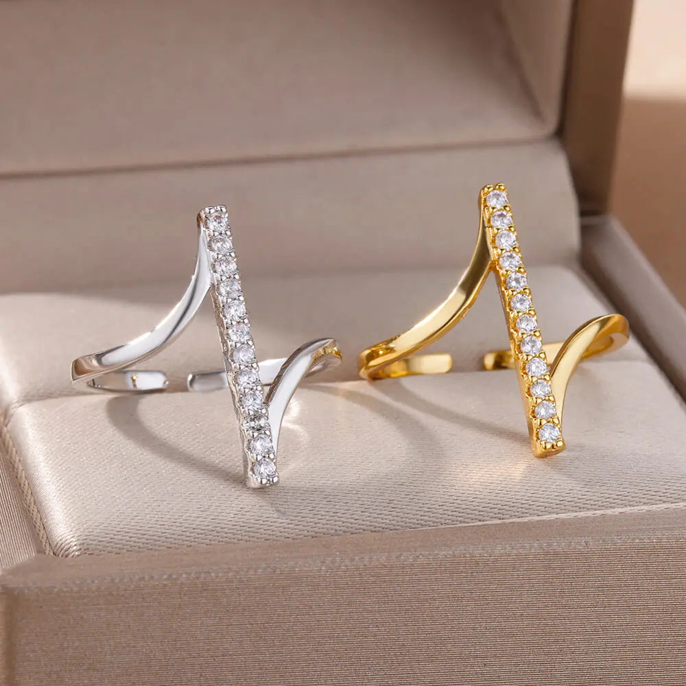 Zircon Geometric Rings For Women Gold Color Stainless Steel Opening