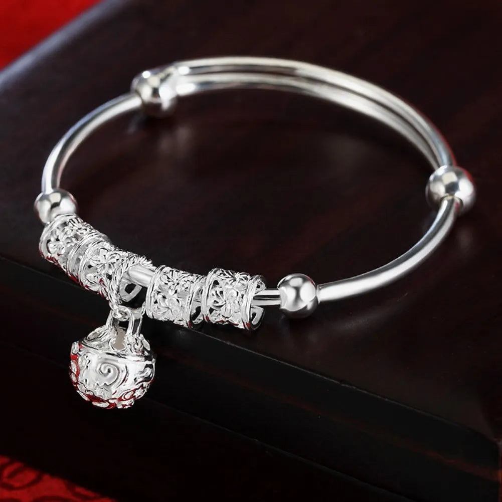 Fine Silver Color Hollow Bells Ball Bangles Adjustable Bracelets for