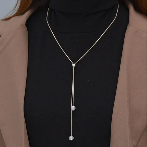 Simple Faux Pearl Pendant Adjustable Long Sweater Chain Necklace