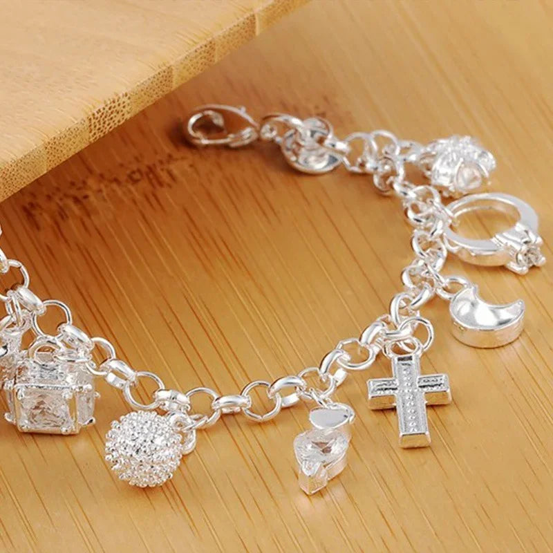 925 Sterling Silver Fashion 13pcs Pendant Chain Charm Bracelet for