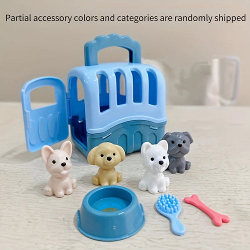 8pcs/set Cute Dog Pet Basket Family Toys Dog Doll Set Dog Cage Toys