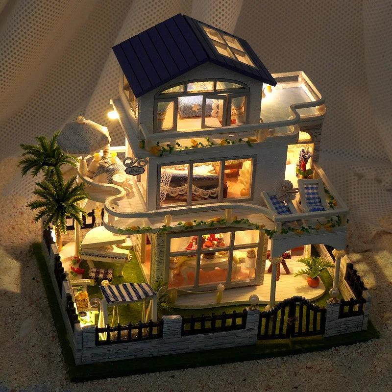 Diy Mini Wooden Dollhouse  Furniture Light Kit Doll House Casa