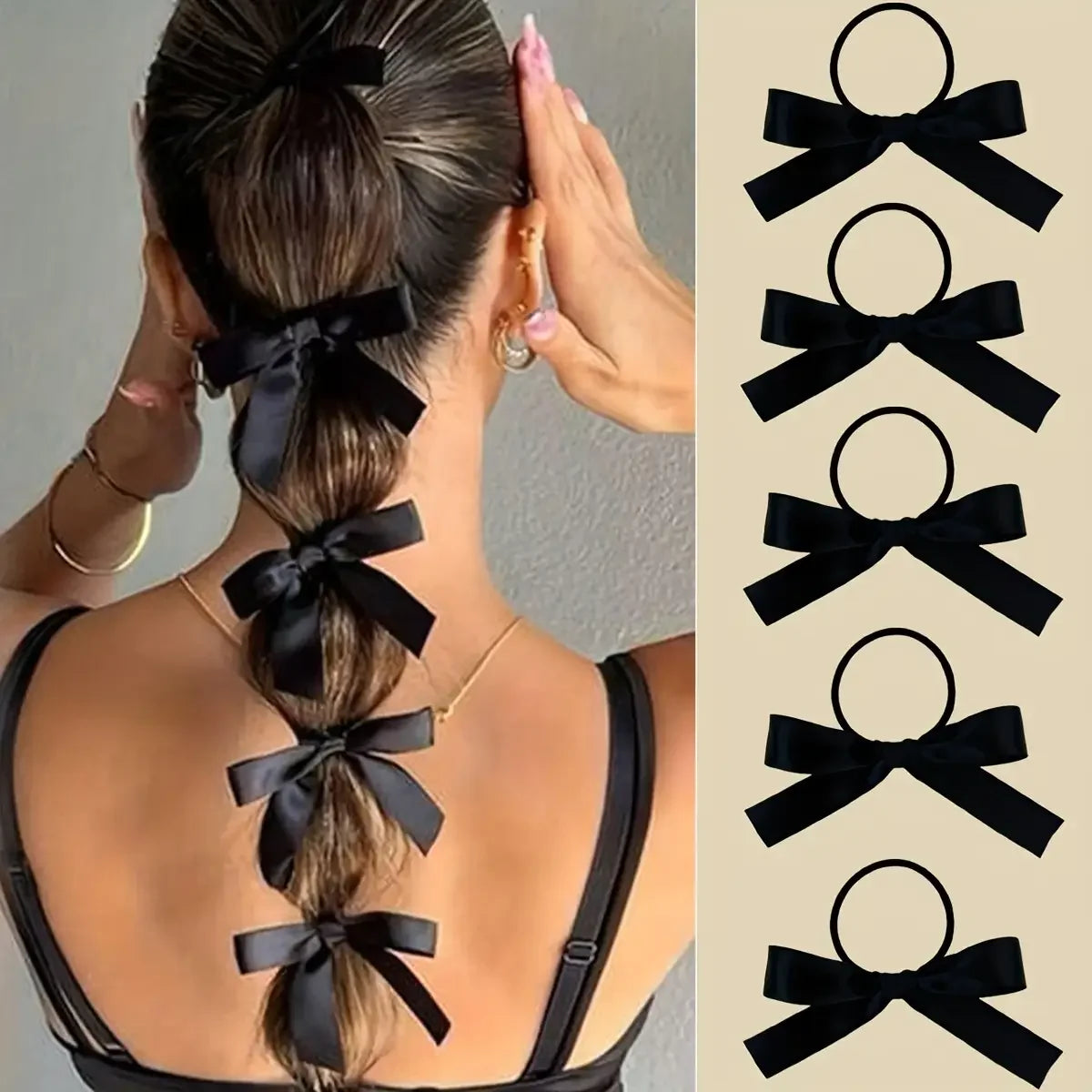 5 pieces of black, cute, bow-decorated hair ties for girls | Ideal for