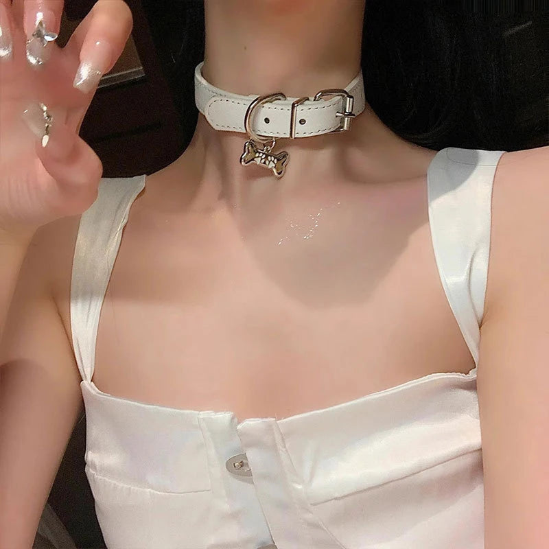 1Pcs Sweet Cool PU Leather Collar Chain Punk Dog Claw Bone Charms